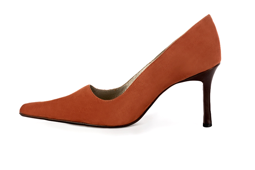 Terracotta orange women's dress pumps,with a square neckline. Pointed toe. High slim heel. Profile view - Florence KOOIJMAN